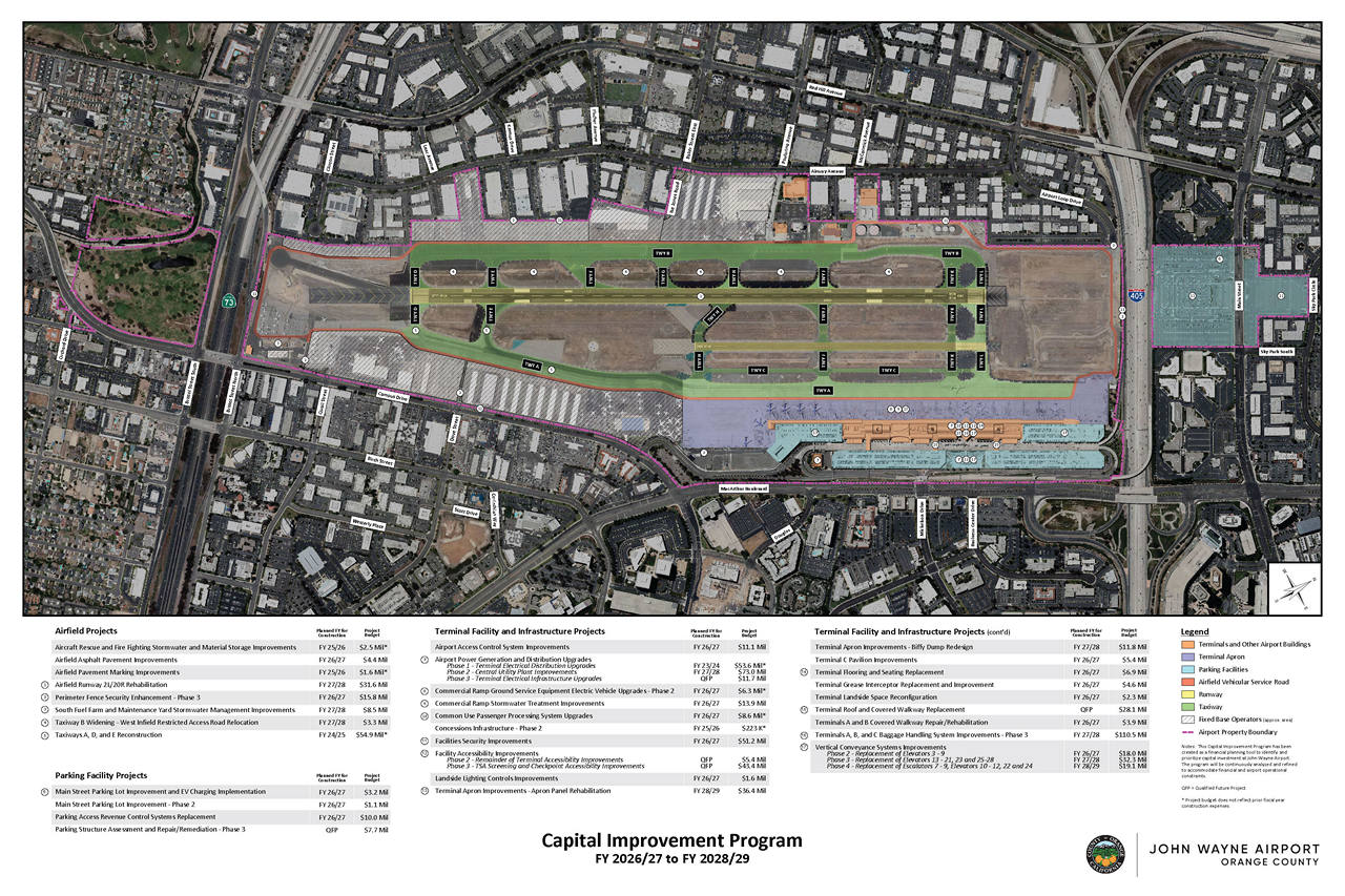 Aerial view of airport, with project areas highlighted
