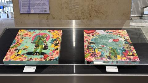 Paintings positioned in a glass case 