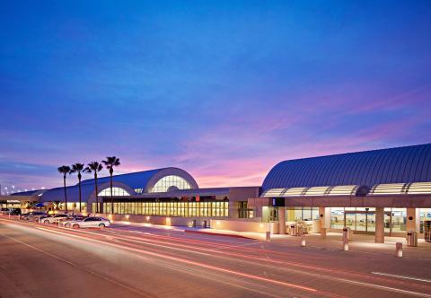 airport terminal at dusk