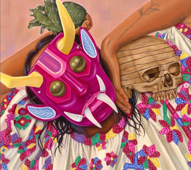 Interconexión, Abby Aceves, Oil on Canvas with Chaquira Bead Flowers, 2023