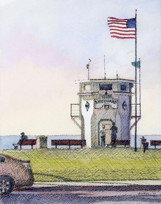 LIFEGUARD TOWER, LAGUNA BEACH, Watercolor over ink on paper, 2017