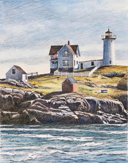 NUBBLE LIGHT, YORK, MAINE, Watercolor over ink on paper, 2020