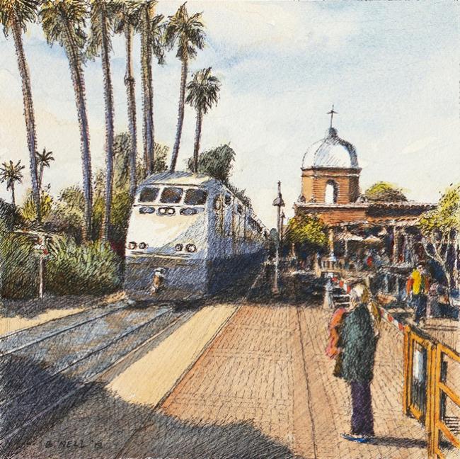ON TIME IN SAN JUAN CAPISTRANO, Watercolor over ink on paper, 2019