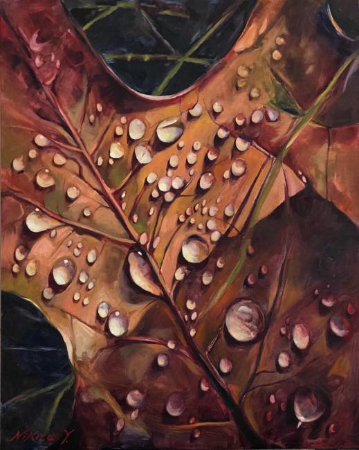 Realistic close-up painting of water droplets on a browning leaf