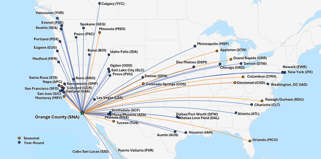 Map showing all routes from John Wayne Airport to non-stop destinations