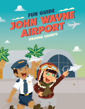 Children dressed as airplane pilots on illustrated cover of fun guide